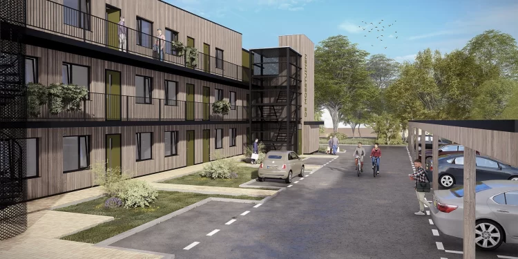 Project  de Moestuinen in Sas van Gent, plaatsen van 13 buitenbergingen incl. carport.