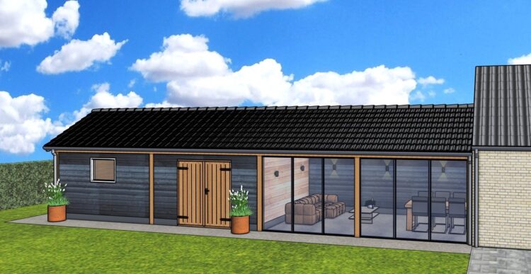 Prachtige houten schuur met houten overkapping voorzien van glazen schuifwanden.